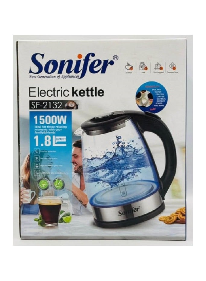 سونفير Glass-Pyrex Kettle/Overheat Protection/1.8 L/1500W(SF-2132 ) 1.8 L 1500 W SF-2132 Black - Image 2