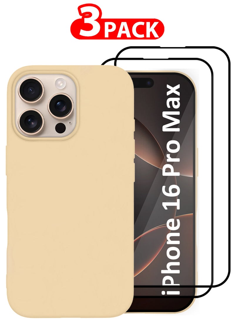 مارجون 3Packs Silicone Case for iPhone 16 Pro Max, Liquid Silicone Protective Phone Case with Soft Anti-Scratch Microfiber Lining Utra Slim Drop Protection Phone Coverwith Two 3D Screen Protectors - Cream Colour Cream-3 - Image 1