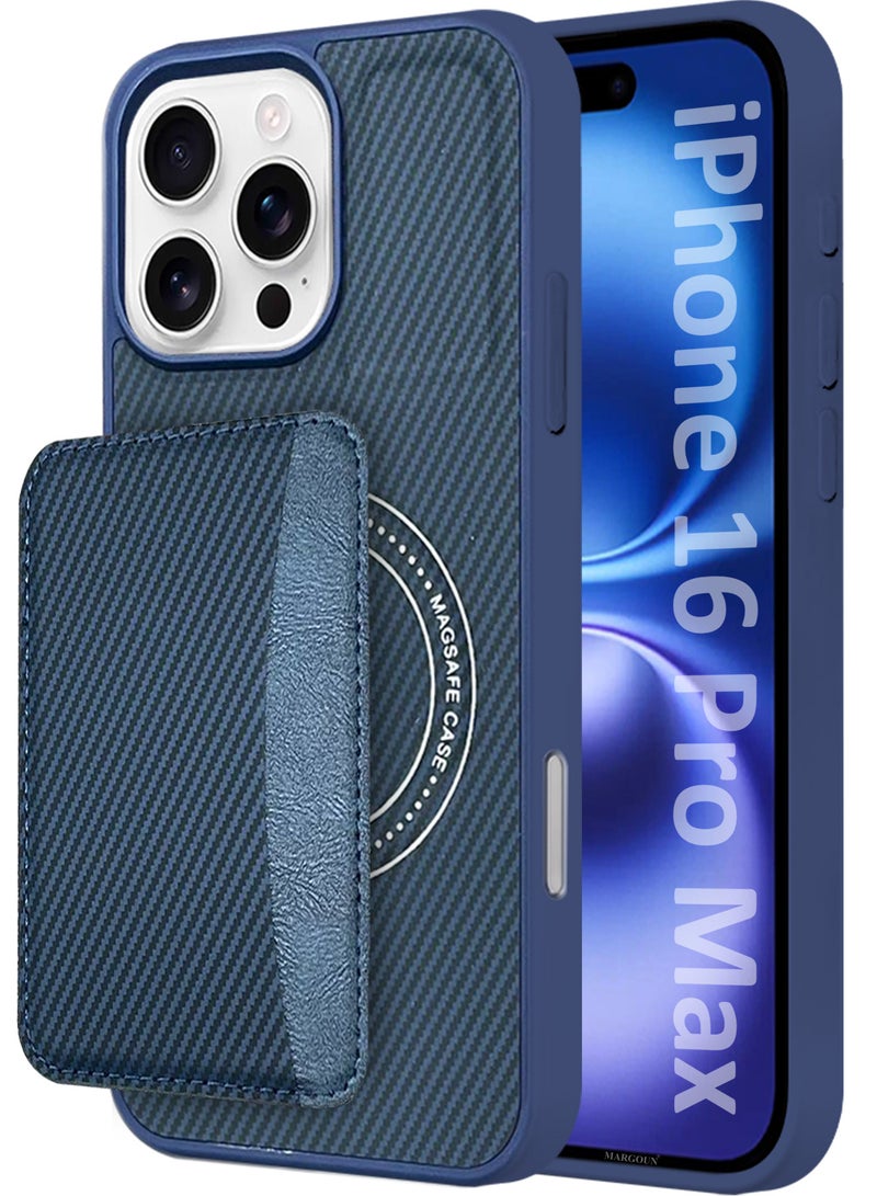 MARGOUN iPhone 16 Pro Max Case Leather Antifingerprint Cover with Detachable Wallet Card Slot Shell Insert Card Holder Anti Fall Protection Carbon Fiber Design - Dark Blue Dark Blue  - Image 1