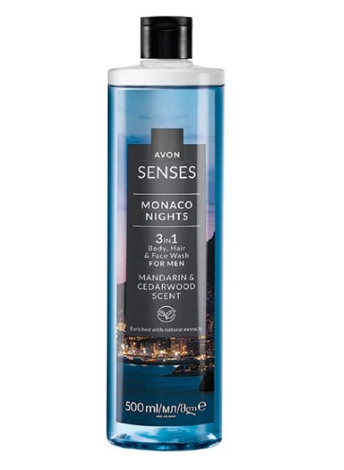 AVON Monaco Nights 3 in 1 Body, Hair & Face Wash for Men Blue 500 mlml  - Image 1