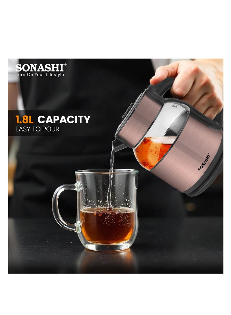 سوناشي - 1.8L Cordless Kettle with Boil-Dry Protection, 360° Rotation with Concealed Heating Element, Auto Off When Water Boils with Light Indicator, Kettle for Tea, Water, Noodles, 1500W SKT-1812 1.8 L 1500 W SKT-1812 Brown - Image 1