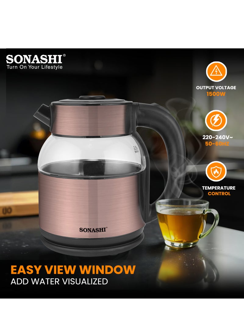 سوناشي - 1.8L Cordless Kettle with Boil-Dry Protection, 360° Rotation with Concealed Heating Element, Auto Off When Water Boils with Light Indicator, Kettle for Tea, Water, Noodles, 1500W SKT-1812 1.8 L 1500 W SKT-1812 Brown - Image 1