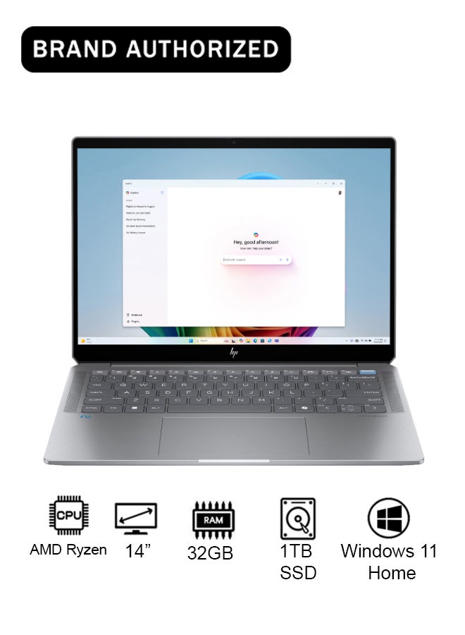 HP OmniBook B69L1EA  Laptop With 14-Inch Full HD Display, AMD Ryzen AI 9 Processor/32GB RAM/1TB SSD/AMD Radeon Graphics/Windows 11 Home English/Arabic Meteor Silver - Image 1