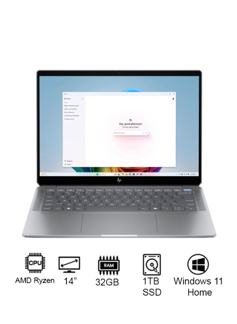 HP OmniBook B69L0EA  Laptop With 14-Inch Full HD Display, AMD Ryzen™AI 9 HX 375 Processor/32GB RAM/1TB SSD/AMD Radeon Graphics/Windows 11 Home English/Arabic Meteor Silver - Image 1