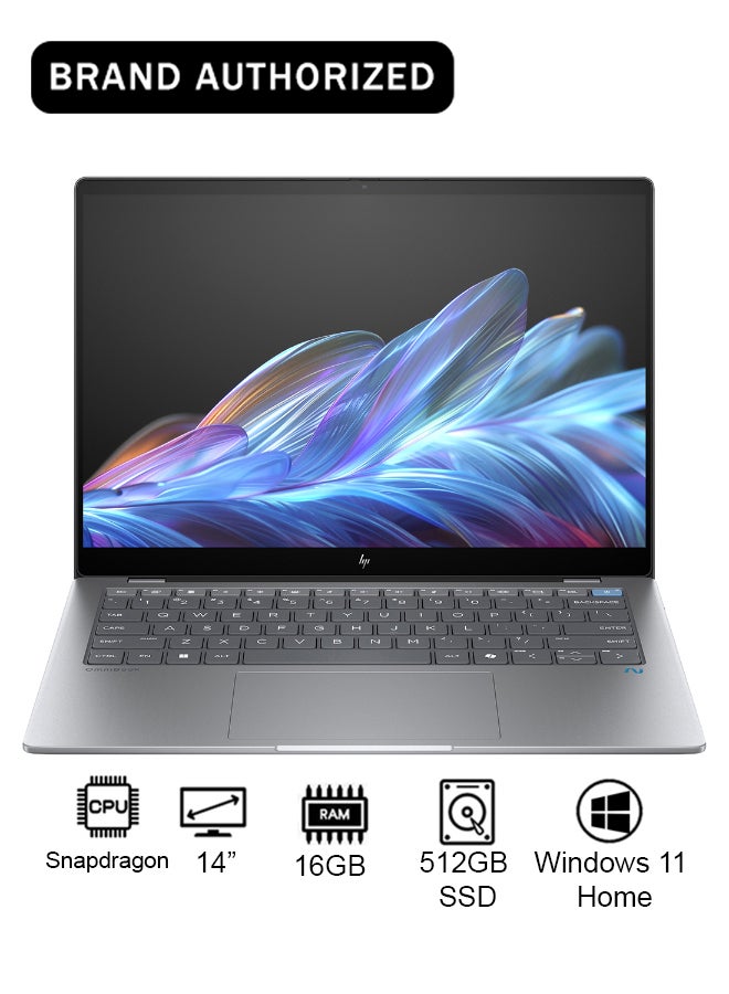 HP OmniBook A9LG3EA  Laptop With 14-Inch QHD Display, Snapdragon X Elite Processor/16GB RAM/512GB SSD/Qualcomm Adreno Graphics/Windows 11 Home English/Arabic Meteor Silver - Image 1