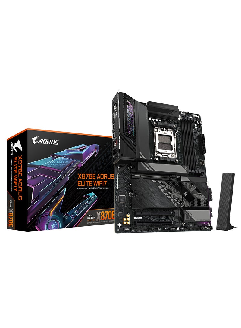 GIGABYTE X870E AORUS ELITE WiFi 7 ATX Motherboard – AMD Socket AM5, X870E Chipset, Supports Ryzen 9000/8000/7000 Series Processors, Up to DDR5 8200(OC) Dual-Channel Memory, PCIe 5.0 x16 Slot, 4× M.2 (3× PCIe 5.0), 4× SATA 6Gb/s, Dual USB4 Type-C, HDMI 2.1, Realtek 2.5GbE LAN, Wi-Fi 7 & Bluetooth 5.4, ALC1220 HD Audio, RGB Fusion, Q-Flash Plus, Ultra Durable PCIe Armor | X870E A ELITE WIFI7  - Image 1