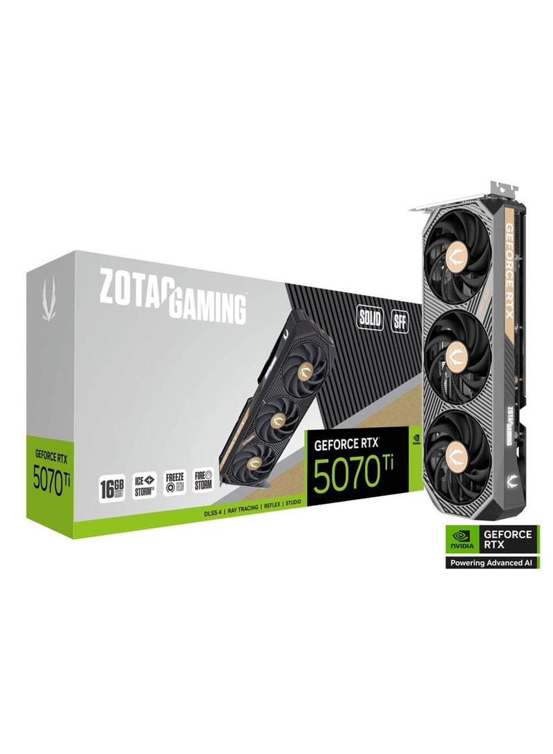 زوتاك GAMING GeForce RTX 5070 Ti SOLID SFF 16GB GDDR7 Graphics Card – Blackwell Architecture, 8960 CUDA Cores, 2452 MHz Boost Clock, PCIe 5.0, 256-bit, IceStorm 2.0 Cooling, DLSS 4, 300W TDP, HDMI 2.1b + 3x DisplayPort 2.1, 2-Slot, Metal Backplate, BladeLink Fans, FireStorm Utility, White LED, SFF Ready, 16-Pin Power, GPU Support Bracket | ZT-B50710D3-10P  - Image 1