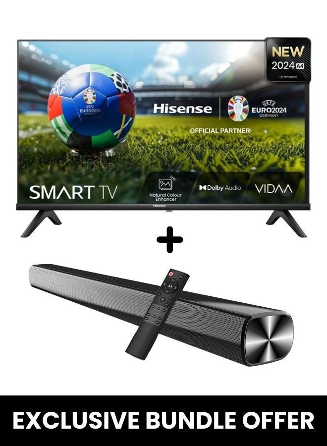 Hisense 32-Inch A4N HD LED Smart TV + Powerful 2.0 Ch Soundbar | VIDAA Smart OS, 60 Hz, DTS Virtual:X, Direct Full Array | USB, HDMI ARC, Bluetooth - 32A4N+SOUNDBAR (2024) 32A4N+SOUNDBAR black  - Image 1
