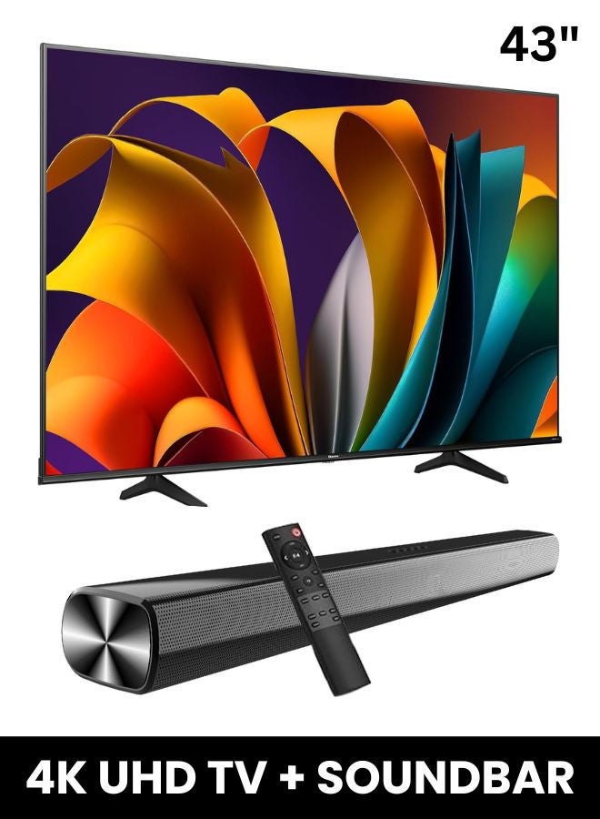 Hisense - 43-Inch A61N 4K UHD LED Smart TV + Powerful 2.0 Ch Soundbar | VIDAA Smart OS, 60 Hz, HDR10, 4K AI Upscaling, Direct Full Array | USB, HDMI ARC, Bluetooth - 43A61N+SOUNDBAR (2024) 43A61N+SOUNDBAR black - Image 1