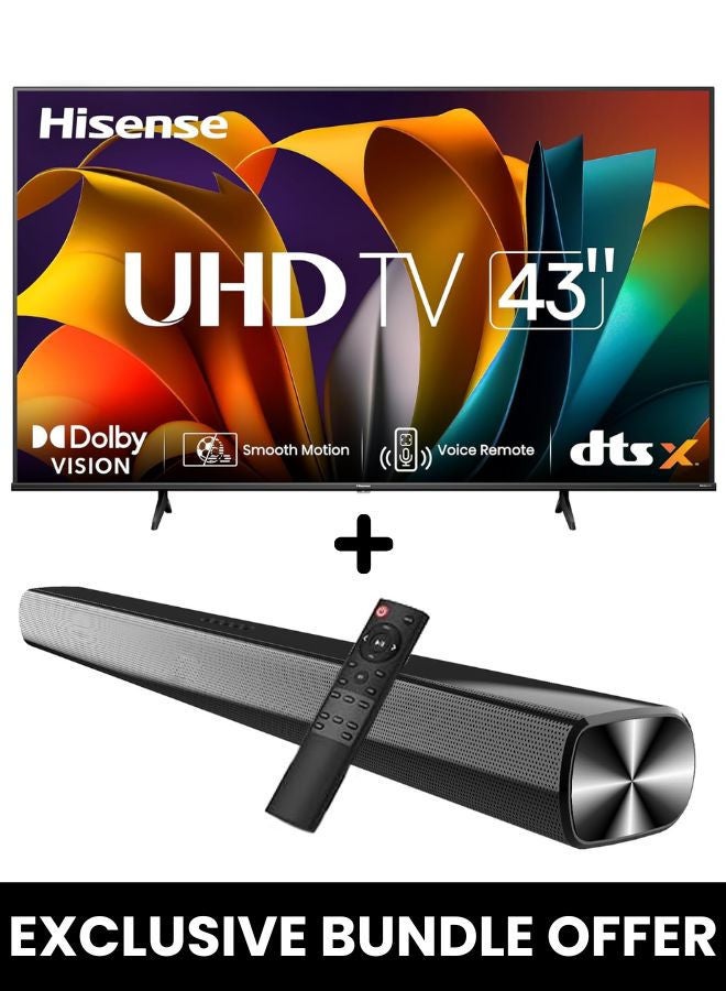 هايسنس تلفاز ذكي LED 43 بوصة A61N 4K UHD + شريط صوت قوي 2.0 قناة | نظام VIDAA الذكي، 60 هرتز، HDR10، تحسين AI 4K، مصفوفة كاملة مباشرة | USB، HDMI ARC، بلوتوث - 43A61N+SOUNDBAR (2024) - Image 1