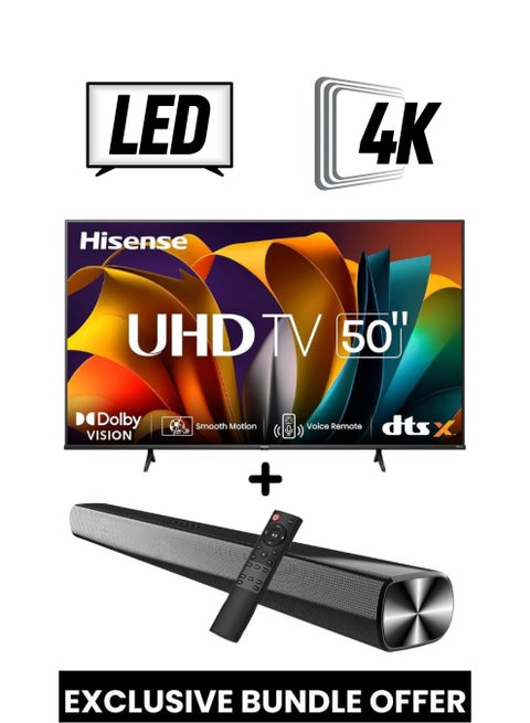 50-Inch A61N 4K UHD LED Smart TV + Powerful 2.0 Ch Soundbar | VIDAA Smart OS, 60 Hz, HDR10, 4K AI Upscaling, Direct Full Array | USB, HDMI ARC, Bluetooth - 50A61N+SOUNDBAR (2024) 50A61N+SOUNDBAR black