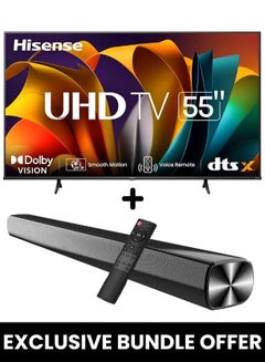 55-Inch A61N 4K UHD LED Smart TV + Powerful 2.0 Ch Soundbar | VIDAA Smart OS, 60 Hz, HDR10, 4K AI Upscaling, Direct Full Array | USB, HDMI ARC, Bluetooth - 55A61N+SOUNDBAR (2024) 55A61N+SOUNDBAR black