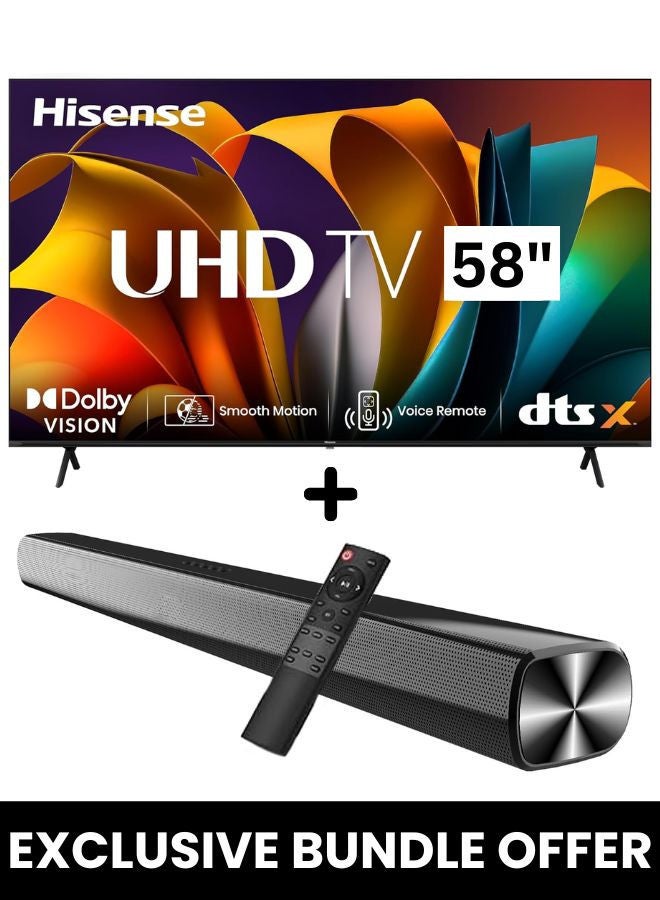 Hisense 58-Inch A61N 4K UHD LED Smart TV + Powerful 2.0 Ch Soundbar | VIDAA Smart OS, 60 Hz, HDR10, 4K AI Upscaling, Direct Full Array | USB, HDMI ARC, Bluetooth - 58A61N+SOUNDBAR (2024) 58A61N+SOUNDBAR black - Image 1