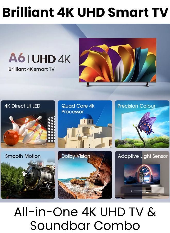 هايسنس تلفاز ذكي LED 65 بوصة A61N 4K UHD + شريط صوت قوي 2.0 قناة | نظام VIDAA الذكي، 60 هرتز، HDR10، تحسين AI 4K، مصفوفة كاملة مباشرة | USB، HDMI ARC، بلوتوث - 65A61N+SOUNDBAR (2024) - Image 3