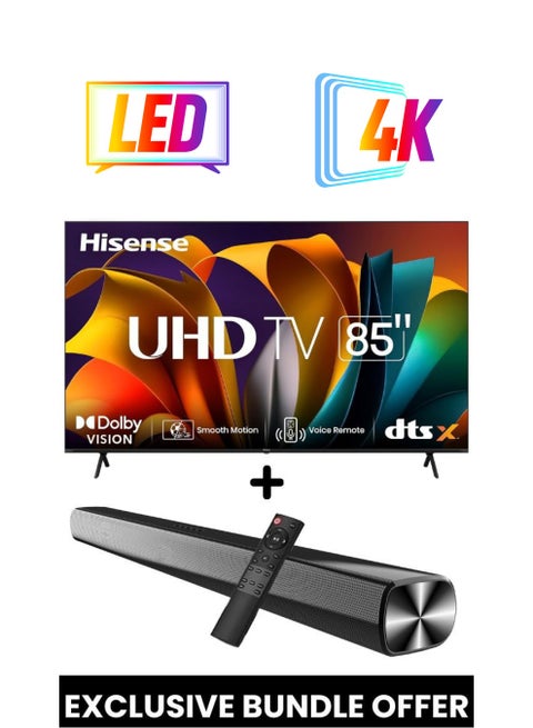 85-Inch A61N 4K UHD LED Smart TV + Powerful 2.0 Ch Soundbar | VIDAA Smart OS, 60 Hz, HDR10, 4K AI Upscaling, Direct Full Array | USB, HDMI ARC, Bluetooth - 85A61N+SOUNDBAR (2024) 85A61N+SOUNDBAR black