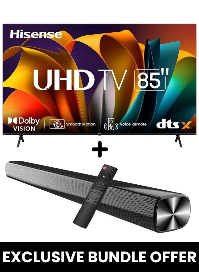 هايسنس تلفاز ذكي LED 85 بوصة A61N 4K UHD + شريط صوت قوي 2.0 قناة | نظام VIDAA الذكي، 60 هرتز، HDR10، تحسين AI 4K، مصفوفة كاملة مباشرة | USB، HDMI ARC، بلوتوث - 85A61N+SOUNDBAR (2024) - Image 1