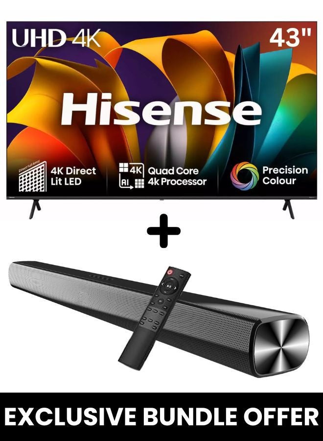 43-Inch A62NS 4K UHD LED Smart TV + Powerful 2.0 Ch Soundbar | VIDAA Smart OS, 60 Hz, HDR10, Precision Colour, 4K AI Upscaling | USB, HDMI ARC, Bluetooth - 43A62NS+SOUNDBAR (2024) 43A62NS+SOUNDBAR black