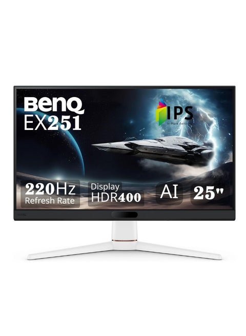 25'' Inch Gaming Monitor with AI 1ms Response Time, FHD, 220Hz Refresh Rate MOBIUZ, GTG, Display Port 1.2 HDMI 2.0 USB Hub 99% sRGB AMD Freesync AI Game Color Mode Game Color Database 2.5W Built-in Speakers - EX251 | White