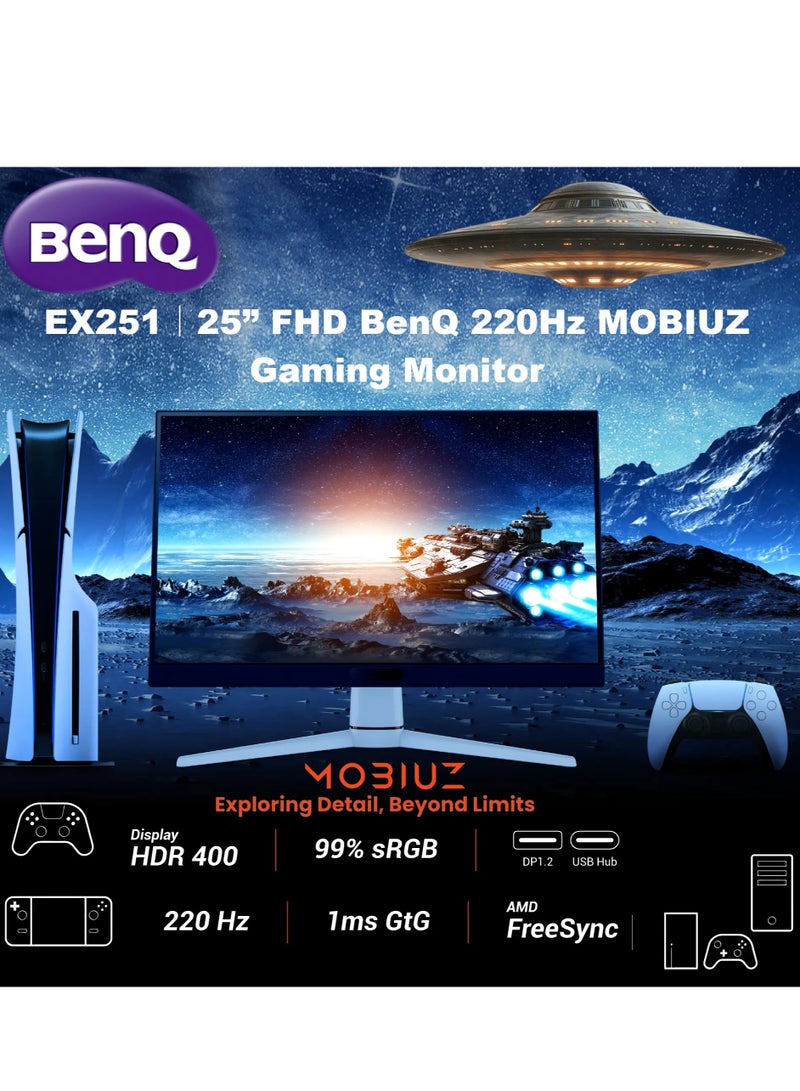 بين كيو - 25'' Inch Gaming Monitor with AI 1ms Response Time, FHD, 220Hz Refresh Rate MOBIUZ, GTG, Display Port 1.2 HDMI 2.0 USB Hub 99% sRGB AMD Freesync AI Game Color Mode Game Color Database 2.5W Built-in Speakers - EX251 | White - Image 1