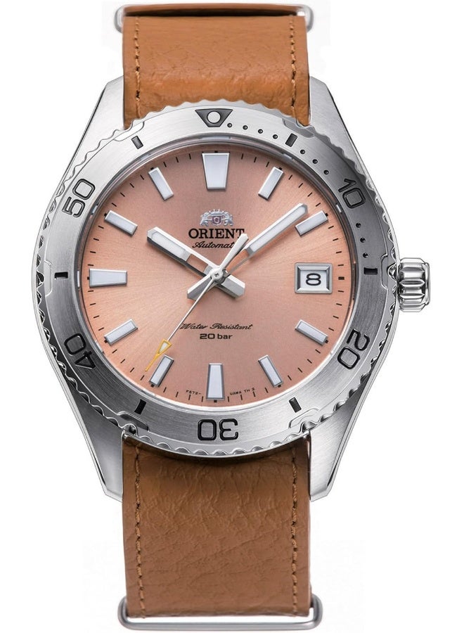 أورينت ساعة ماكو 40 أوتوماتيكية للرجال RA-AC0Q05P10B – قرص وردي، حزام جلد، مقاومة للماء حتى 200م، كريستال ياقوتي - Image 1