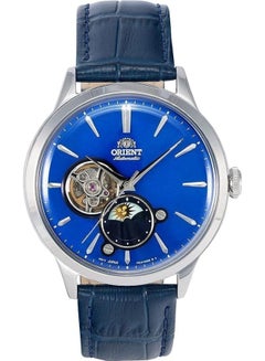 أورينت Men's Sun and Moon Automatic Men's Watch RA-AS0103A10A – White Dial, Leather Strap, Day/Night Indicator, Open Heart Design 