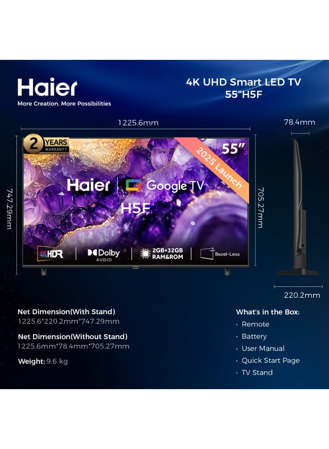 Haier - 50 Inch 4K UHD Smart Google TV | Dolby Audio | HDR 10 | Gaming MEMC Processor | 2+32GB RAM/ROM | Variable Refresh Rate | Auto Low Latency Mode | Premium Bezel-less Design - H50H5F Black H5F black - Image 1