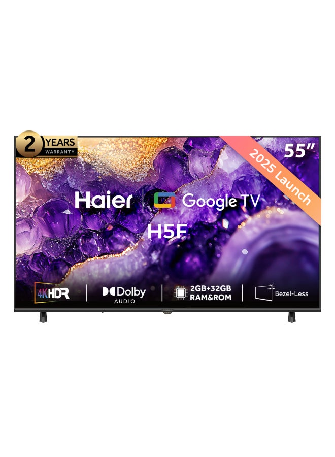 هاير تلفاز جوجل الذكي 55 بوصة 4K UHD | صوت دولبي | HDR 10 | معالج ألعاب MEMC | 2+32 جيجابايت RAM/ROM | معدل تحديث متغير | وضع تأخير منخفض تلقائي | تصميم فاخر بدون حواف - H55H5F أسود - Image 1
