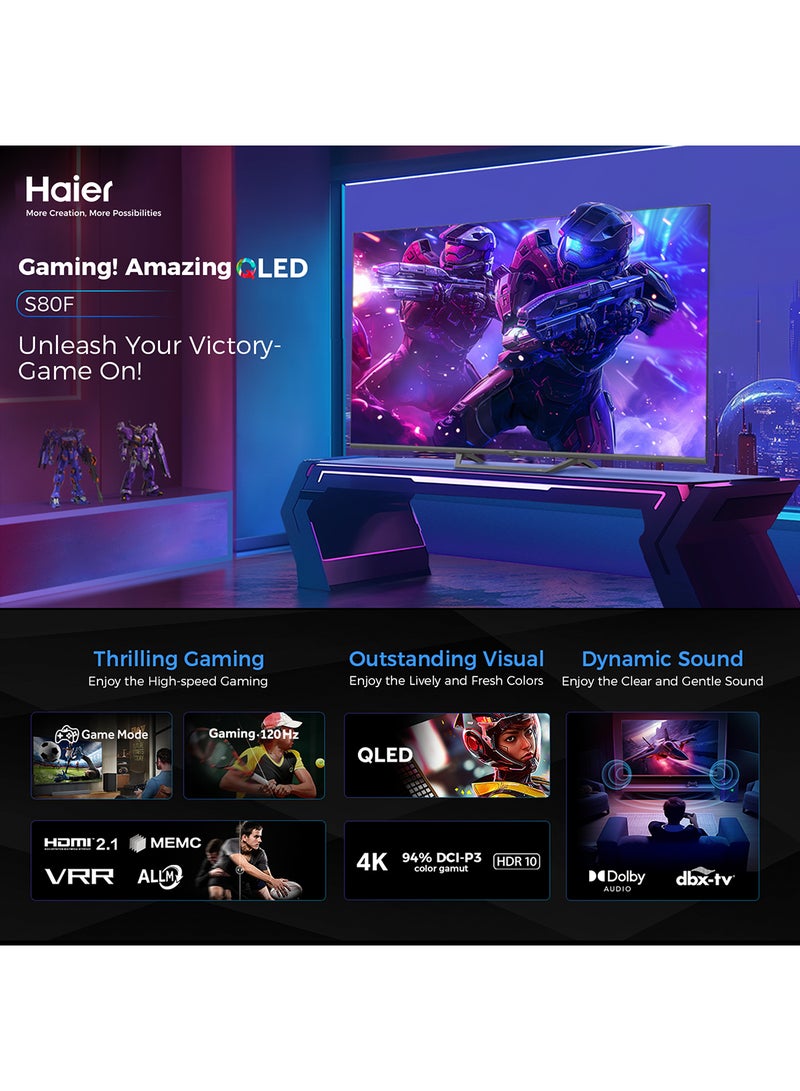 هاير 55 Inch 4K QLED Smart Google TV | Gaming@120 Hz | Dolby Audio | MEMC/VRR/ALLM | 2+32GB RAM/ROM | Voice Control | HDR10 | Chromecast | HDMI 2.1 | Premium Bezel-Less Design - H55S80FUX Black S80FUX black  - Image 2
