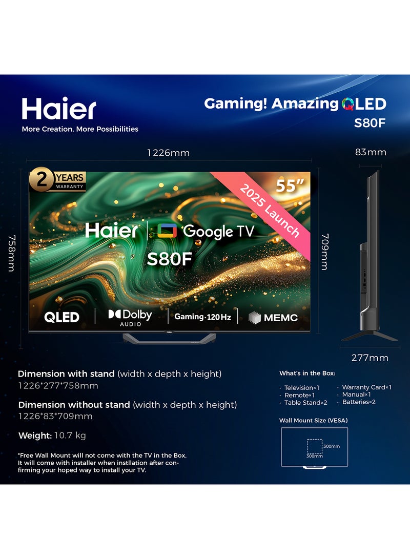 Smart TV Haier QLED 4K UHD 55" H55S81FUX, Google TV, Dolby Audio, 120Hz, HDMI 2.1, Diseño Sin Marcos, 2025