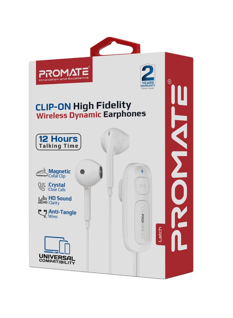 High-Definition Wireless Clip-On Earphones With Ergonomic In-Ear Design, Advanced Bluetooth V5.3 Technology, Magnetic Clip, 12-Hour Playtime, Brilliant Sound Quality, Intuitive Controls, Universal Compatibility – Latch White
