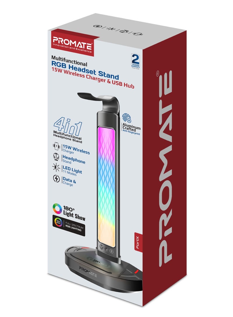PROMATE - 4-In-1 Multifunctional RGB Headset Stand with 15W Wireless Charger, USB-C and Dual USB-A Ports, Rapid 480Mbps Data Transfer, Vibrant RGB Lighting, Fast USB-C Input, Ergonomic Design, Fort-X - Black - Image 1