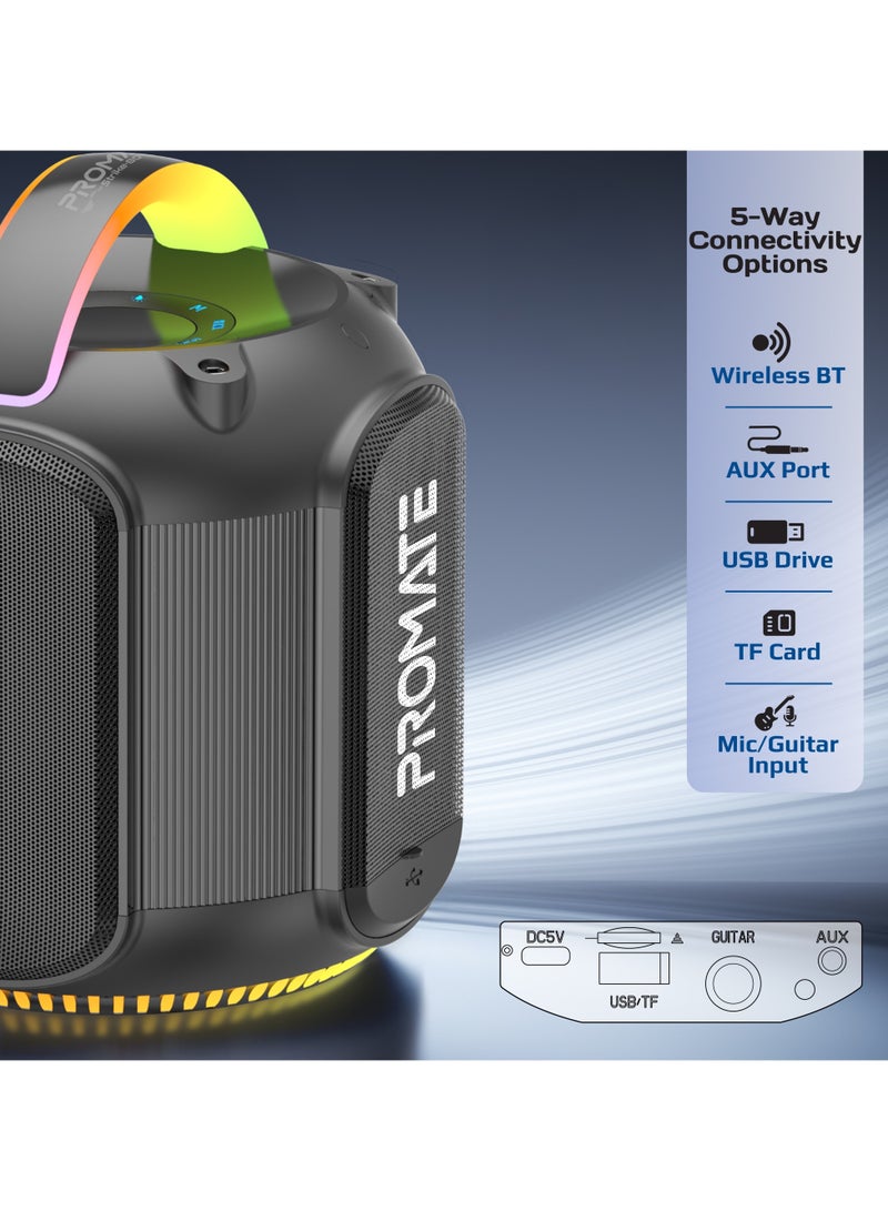 PROMATE Powerful 80W Outdoor Speaker with TWS Connectivity, RGB Lighting Effects, IPX5 Water Resistance, 3600mAh Battery, 6-Hour Playtime, TF Card & USB Support, AUX Compatibility, and Built-In Top Handle - Strike-80 - Black  - Image 5