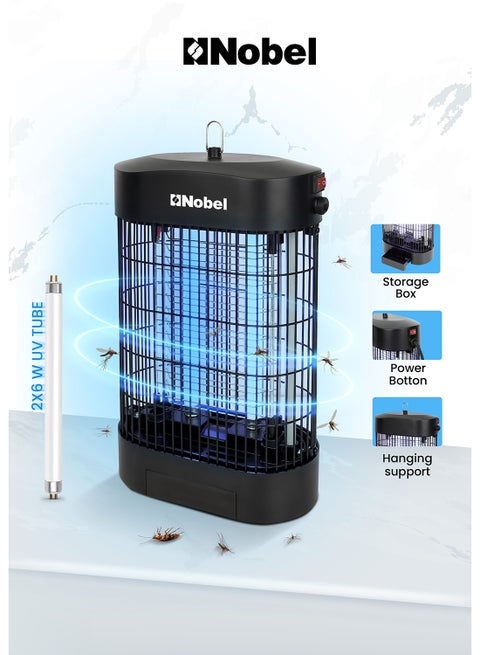Efficient 2-Element Insect Killer with UV Tubes, 360° Metal Guard Design, Scratch Resistance, and Wide Area Coverage for Homes and Commercial Spaces – Durable ABS & Iron Construction, Long UV Life, Compact and Lightweight – Ideal for Mosquito and Insect Control with Safe, Reliable Operation on 220-240V, 50/60Hz Power 14 W NIK720 Black