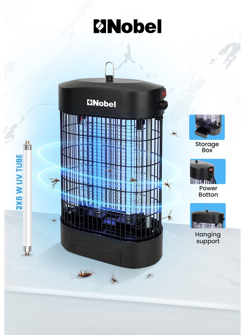 Nobel - Efficient 2-Element Insect Killer with UV Tubes, 360° Metal Guard Design, Scratch Resistance, and Wide Area Coverage for Homes and Commercial Spaces – Durable ABS & Iron Construction, Long UV Life, Compact and Lightweight – Ideal for Mosquito and Insect Control with Safe, Reliable Operation on 220-240V, 50/60Hz Power 14 W NIK720 Black - Image 1