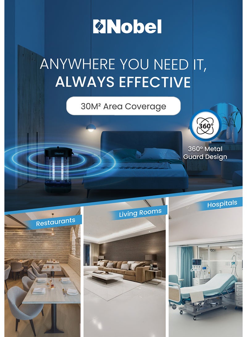Nobel - Efficient 2-Element Insect Killer with UV Tubes, 360° Metal Guard Design, Scratch Resistance, and Wide Area Coverage for Homes and Commercial Spaces – Durable ABS & Iron Construction, Long UV Life, Compact and Lightweight – Ideal for Mosquito and Insect Control with Safe, Reliable Operation on 220-240V, 50/60Hz Power 14 W NIK720 Black - Image 1