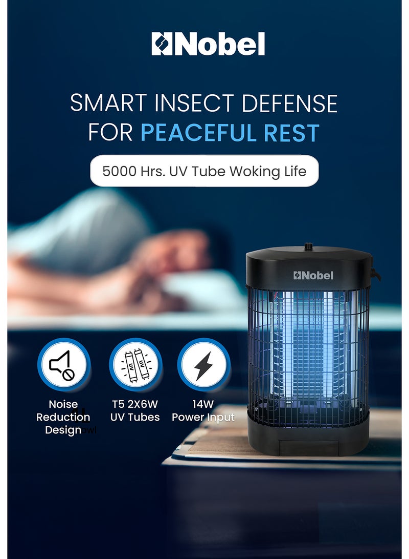 Nobel - Efficient 2-Element Insect Killer with UV Tubes, 360° Metal Guard Design, Scratch Resistance, and Wide Area Coverage for Homes and Commercial Spaces – Durable ABS & Iron Construction, Long UV Life, Compact and Lightweight – Ideal for Mosquito and Insect Control with Safe, Reliable Operation on 220-240V, 50/60Hz Power 14 W NIK720 Black - Image 1
