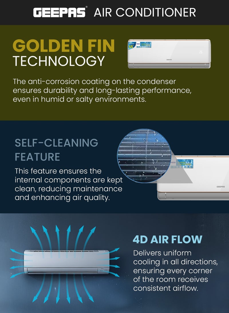 جيباس - 1.5 Ton Hot & Cold Split Air Conditioner with LED Display, Remote Control, Strong Airflow, Self-Cleaning, Auto-Diagnosis, and Golden Fin Technology GACS1816KCHA White - Image 1