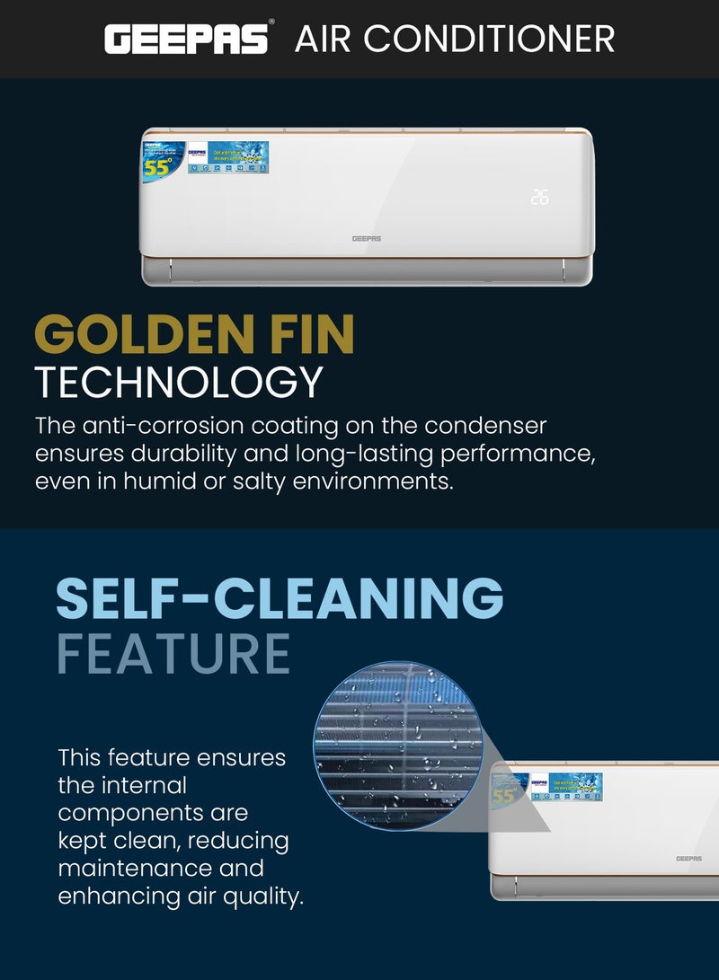 GEEPAS - 21,000 BTU Split Air Conditioner with Advanced Features: LED Display, Remote Control, Powerful Airflow, Self-Cleaning, Auto-Diagnosis, and Golden Fin Technology GACS2412KCA White - Image 1