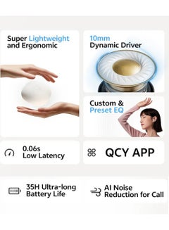 QCY Buds QT43, Wireless Earbuds, 5.3 Bluetooth Earphones, Unique Design with Fabric Texture, 35 Hours Battery Life, AI Noise Cancelling Earbuds, Low Latency Gaming Earphone white  - Image 2