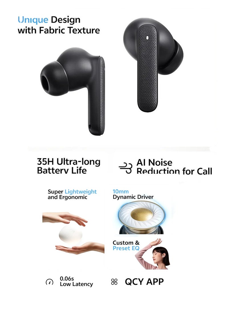 QCY - Buds QT43, Wireless Earbuds, 5.3 Bluetooth Earphones, Unique Design with Fabric Texture, 35 Hours Battery Life, AI Noise Cancelling Earbuds, Low Latency Gaming Earphone grey - Image 1