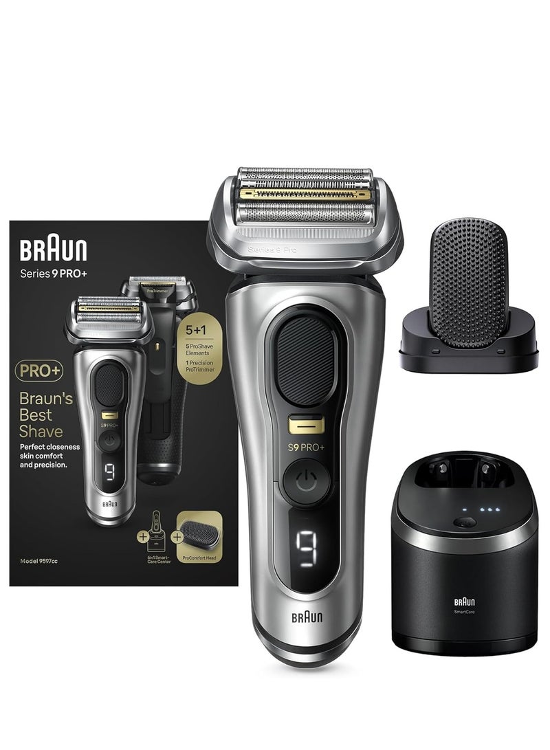 براون سلسلة 9 PRO+ ماكينة حلاقة كهربائية، رأس ProComfort، مركز SmartCare 6 في 1، 9597cc فضي - Image 1