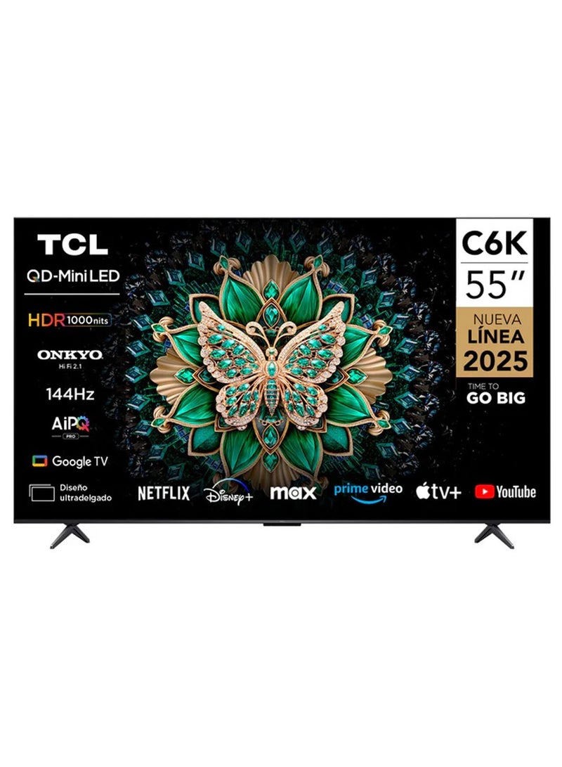 TCL 55 Inch QLED-MiniLED TV Smart Google TV, 4K Resolution, Dolby Vision Atmos, 144Hz, ONKYO 2.1 Hi-Fi System, Dolby Vision HDR, Ultra Slim Design – 55C6K (2025 Model) 55C6K Black - Image 1