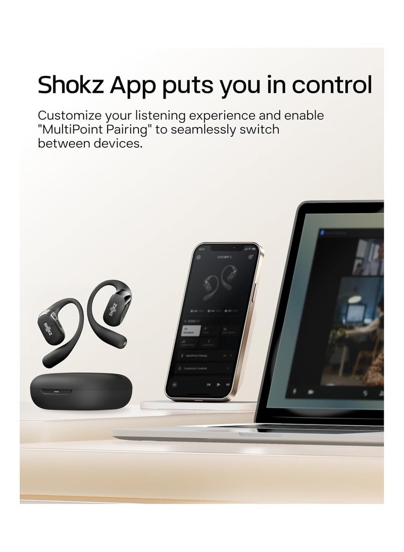 شوكز سماعات أوبن فيت 2 مفتوحة الأذن، سماعات أذن لاسلكية حقيقية بتقنية البلوتوث مع ميكروفون، سماعات أذن مع خطاف للأذن مع 48 ساعة من وقت التشغيل، شحن سريع عبر USB-C، مقاومة للماء IP55، مع حقيبة حمل - Image 4