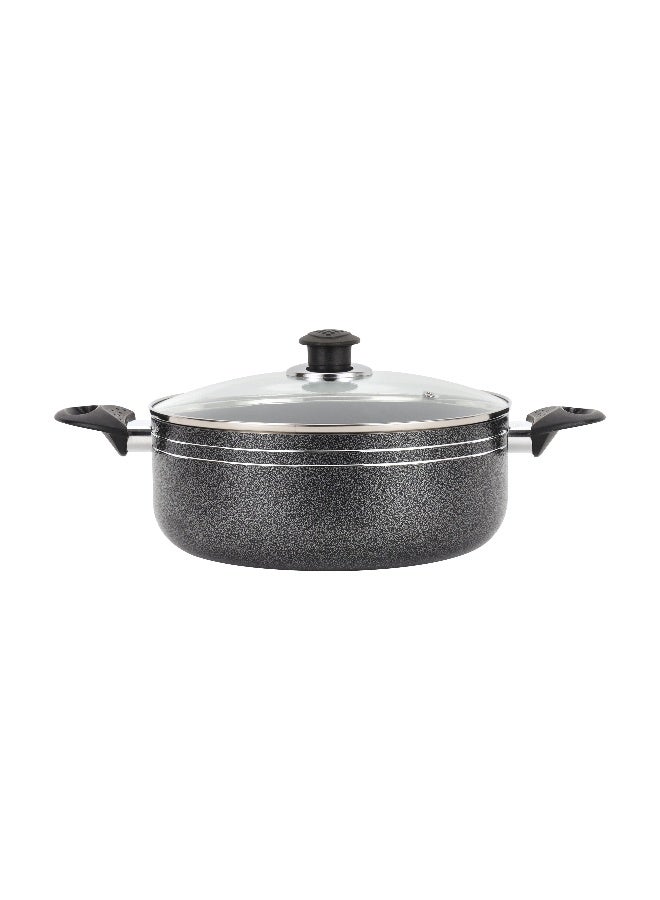 Royalford Royalford 32 CM  Aluminium Casserole -RF11965/Heat-resistant exterior Compatible with Hot Plate, Halogen, and Gas,/ Non-Stick Coating, Perfect for Casseroles, Safe for freezer and Tempered Glass Lid with Steel Frame/ Black Color  - Image 1