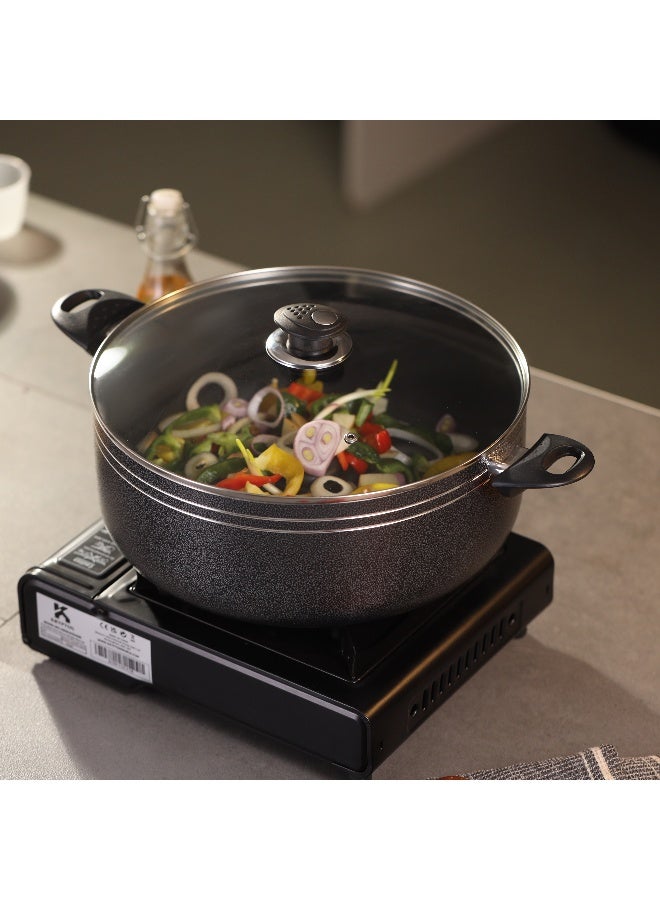 Royalford Royalford 32 CM  Aluminium Casserole -RF11965/Heat-resistant exterior Compatible with Hot Plate, Halogen, and Gas,/ Non-Stick Coating, Perfect for Casseroles, Safe for freezer and Tempered Glass Lid with Steel Frame/ Black Color  - Image 4