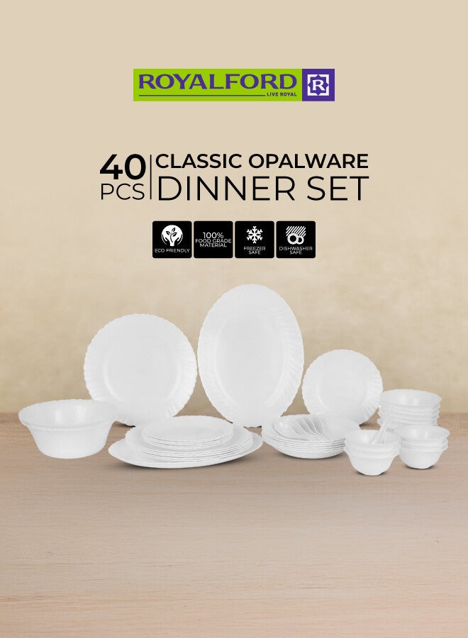 Royalford Opalware Dining Collection RF12658 Exquisite Floral Design 40-Piece Dinner Set Mixing Bowl Plates Oval Dinner Plates Pearl White