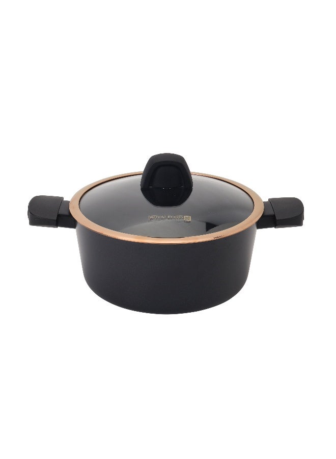 رويال فورد Royalford 24 cm Premium Diamond Series Aluminum Casserole- RF12632/ with Swiss Made PFLOUN Nonstick, 5 Layer Construction/ Heat Resistant Bakelite Handles and Knobs, Tempered Glass Lid, Eco-Friendly/ Perfect for Stews, Soups, Curries, Pastas, etc.  - Image 1