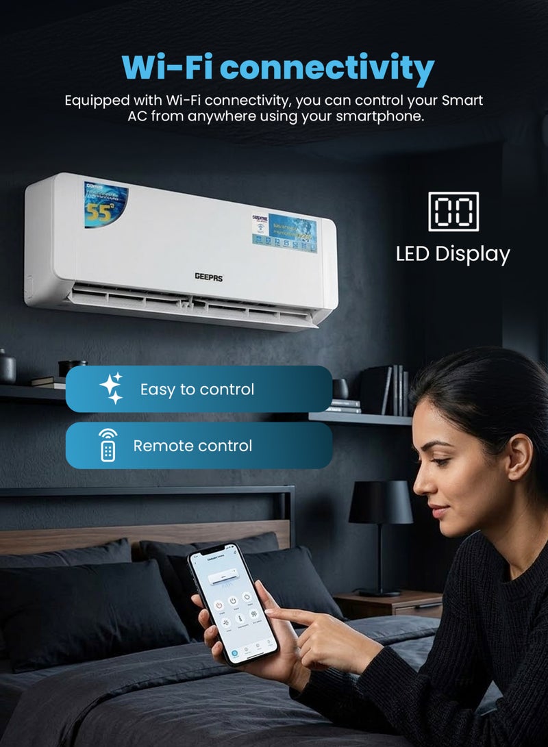 GEEPAS 1 Ton Smart Split Air Conditioner | 12000 BTU Wi-Fi Enabled | LED Display Fast Cooling 4D Air Flow |Self-Cleaning, R410A Refrigerant, Golden Fin Technology | 5-Year Compressor Warranty 1650 W GACS1225CUE White - Image 4