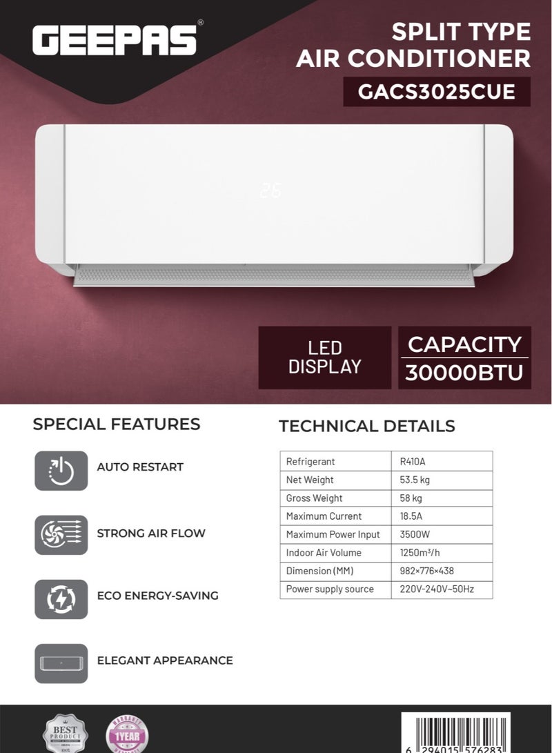 جيباس مكيف هواء نوع سبليت 1.5 طن | سعة 18500 وحدة حرارية بريطانية، شاشة LED، إعادة تشغيل تلقائية، موفر للطاقة، تدفق هواء قوي، تصميم حديث | GACS1825CUE