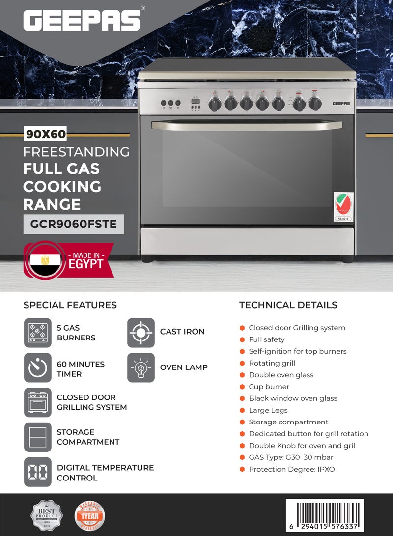 90x60 Free Standing Cooking Range| 5 Gas Burners with Auto Ignition, Grilling Function, Digital Timer, Thermostat | Equipped with Multiple Power Levels, Oven Lamp, Mirror Top Glass| Cook Dishes, Bake, Roast, Grill GCR9060FSTE Silver/Grey